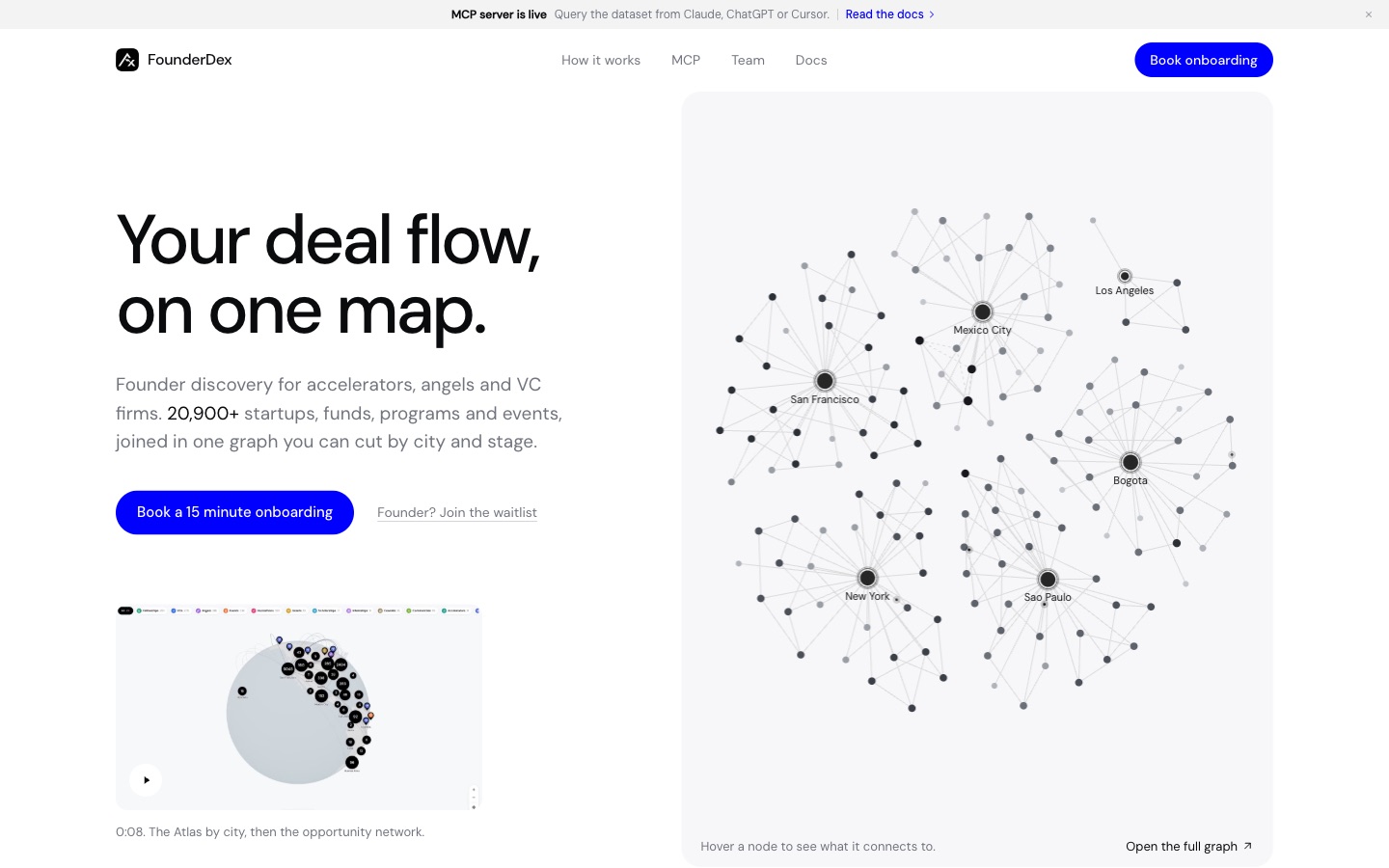 FounderDex: Your deal flow, on one map. Desktop view.